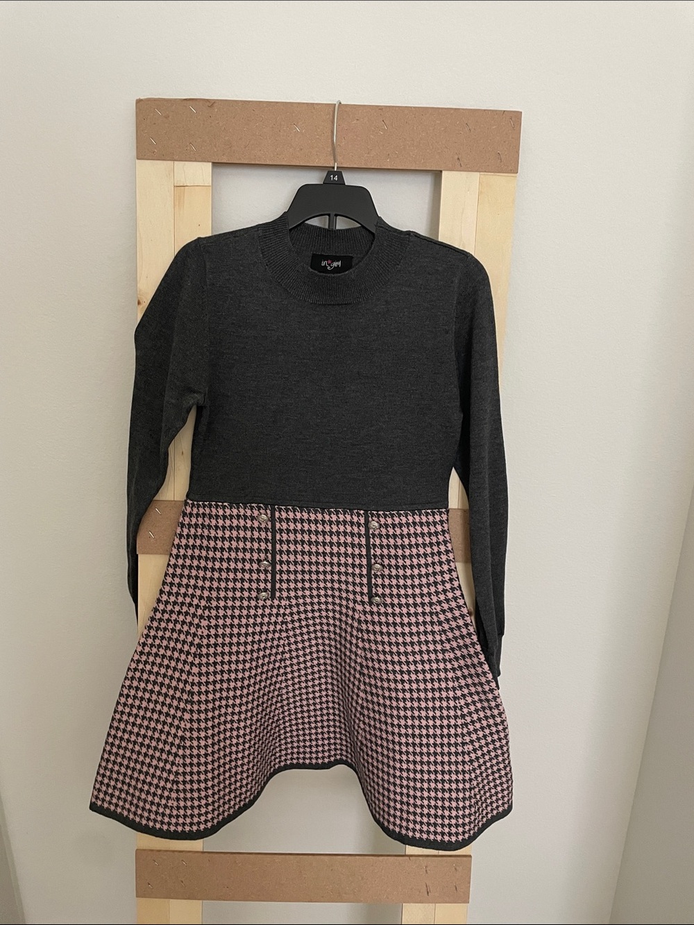 Girls Charcoal Knit Top with Pink Houndstooth Skirt Dress